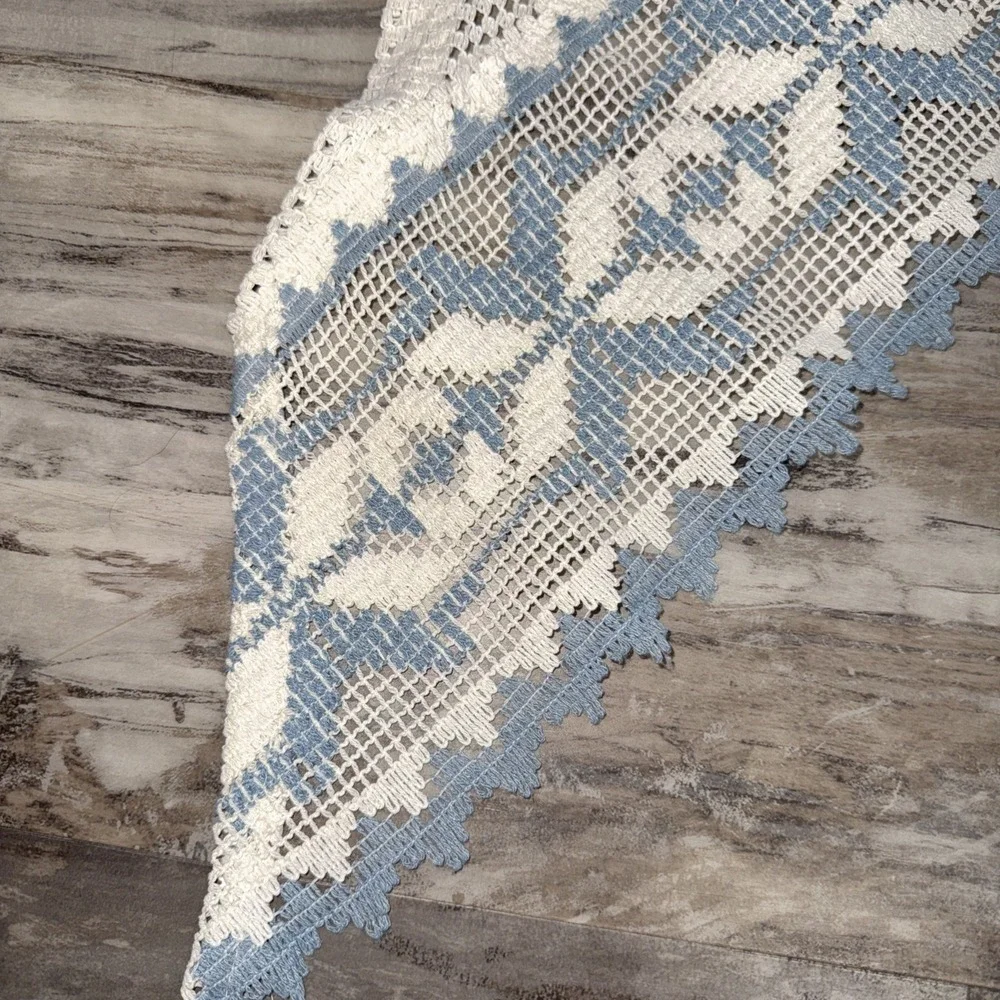Set of 2 Vintage Curtain Curtains Blue Lace Cream Blue Cottage Crochet Lace
